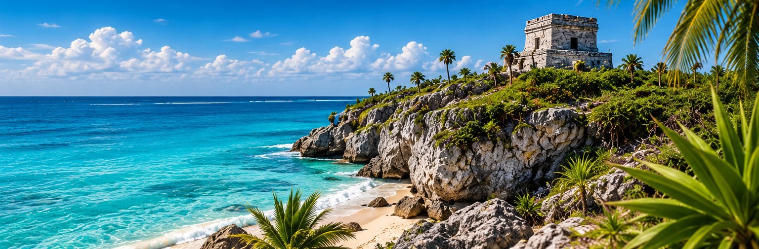 Ruina maya sobre los acantilados de la costa de la Riviera Maya, frente al mar turquesa